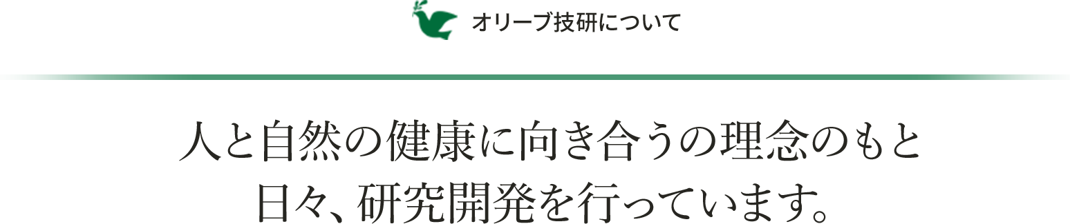 オリーブ技研について／人と自然の健康に向き合うの理念のもと日々、研究開発を行っています。